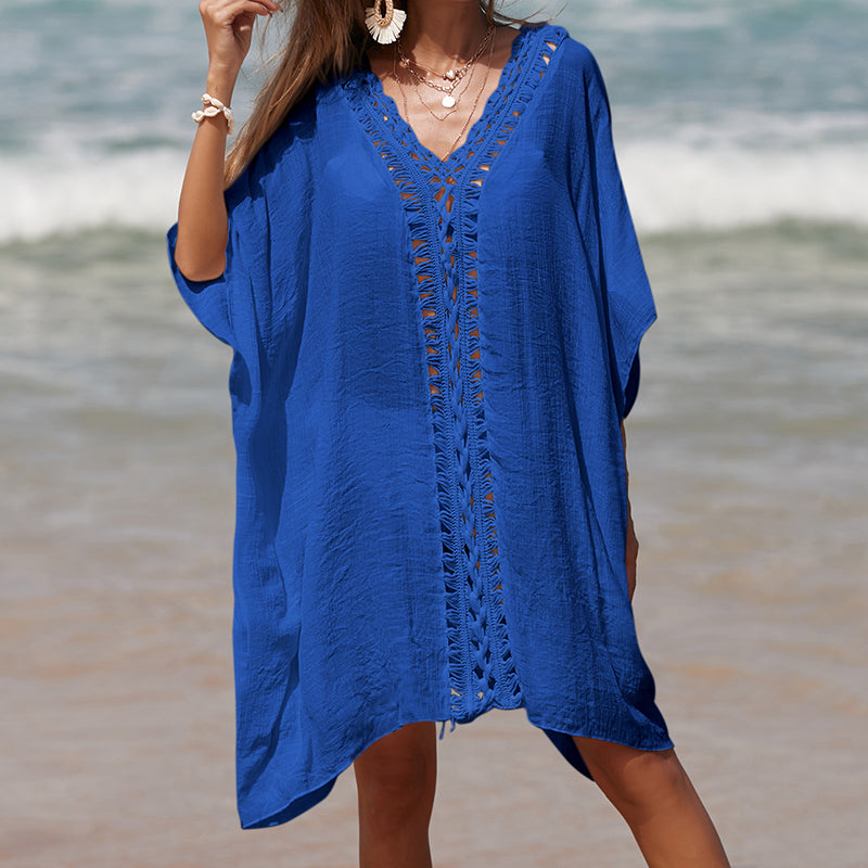 Holiday Crochet Stitching Solid Color Beach Loose See-through Sun Protection Mid Length Sexy Beach Blouse Bella Mia