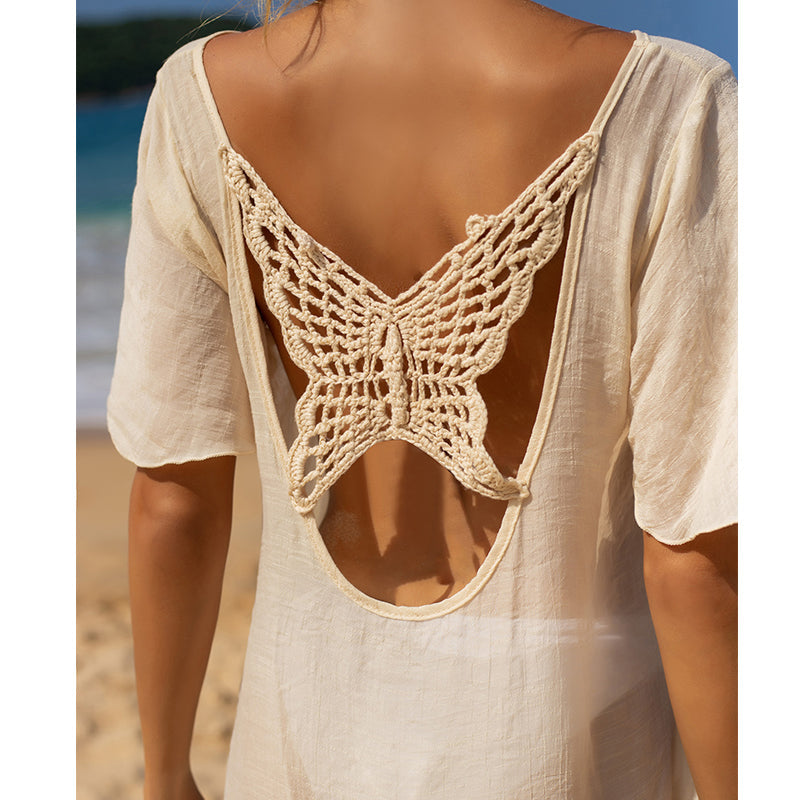 Arrival Vacation Solid Color Hand Crocheting Butterfly Stitching Wooden Ear Loose Beach Sun Protection Sexy Beach Cover-up Bella Mia