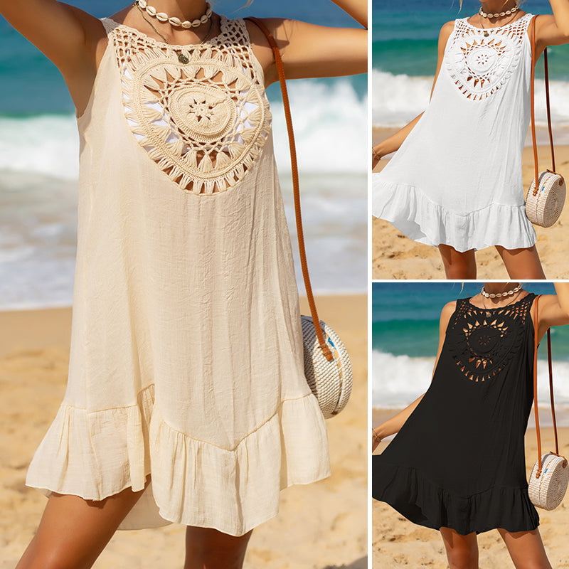 Arrival Vacation Solid Color Crochet Patchwork Cloth Wooden Ear Skirt Hollow Out Cutout Beach Beach Cover Up Skirt Bella Mia