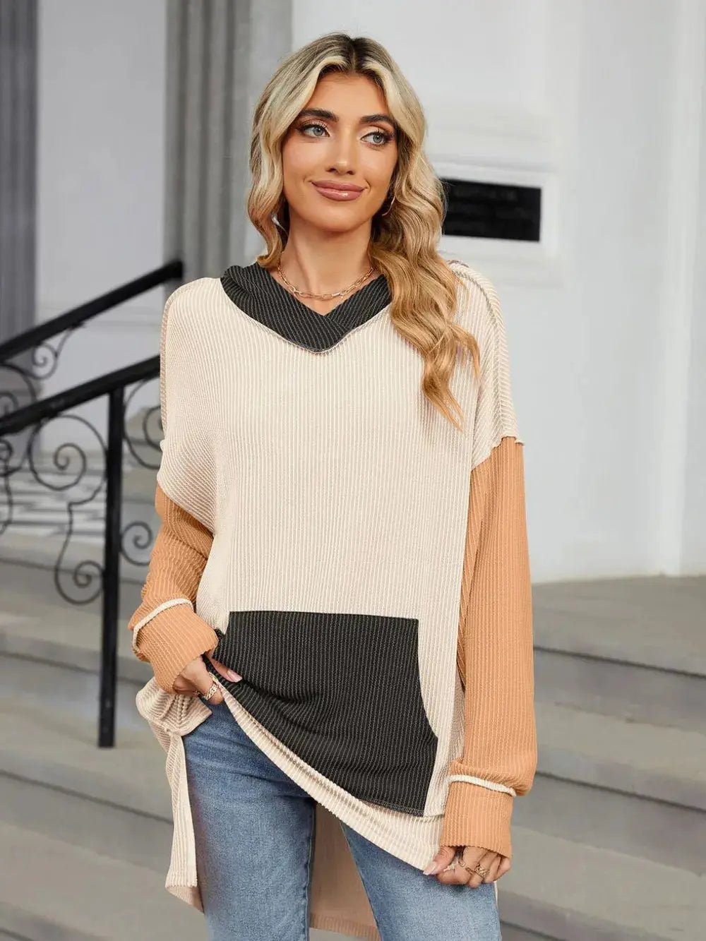 Double Take Contrast Hooded Long Sleeve Top - Love Salve