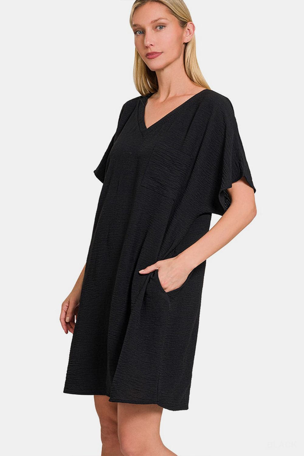 Zenana V-Neck Tee Dress with Pockets.