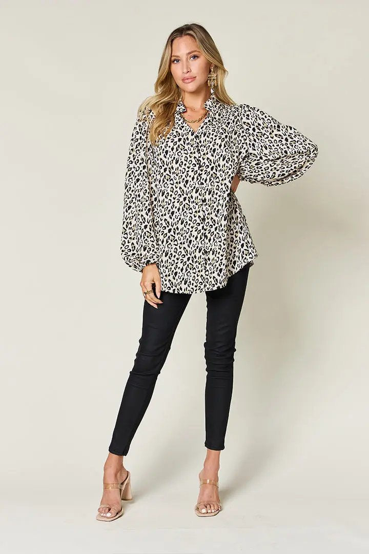 Double Take Full Size Leopard Long Sleeve Blouse - Love Salve