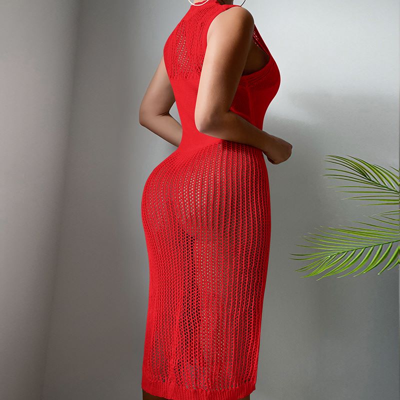 Beach Vacation Sexy Solid Color round Neck Woven Texture Split Beach Sun Protection Blouse Dress Crochet hook Bella Mia