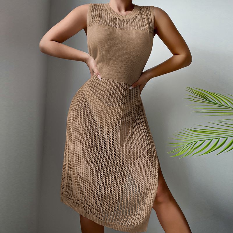 Beach Vacation Sexy Solid Color round Neck Woven Texture Split Beach Sun Protection Blouse Dress Crochet hook Bella Mia