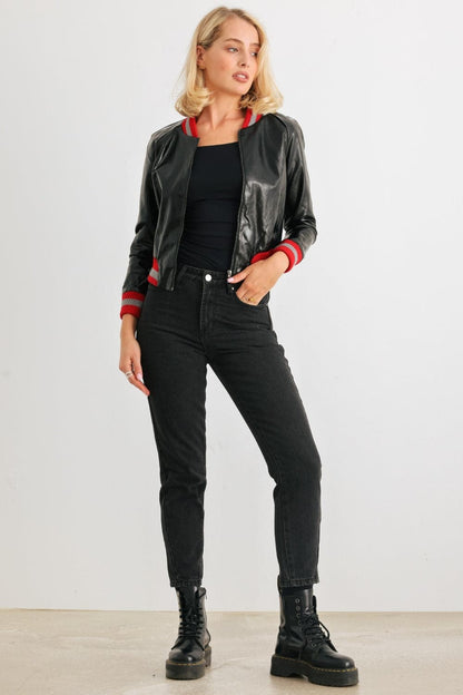 Comme PU Leather Baseball Collar Long Sleeve Jacket.