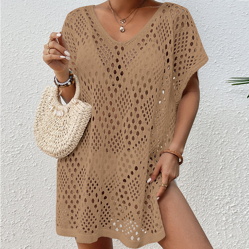 Women Wear Hollow Out Cutout Woven Loose Mid Length Beach Cover up Vacation Beach Sun Protection Shirt Crochet hook Bella Mia
