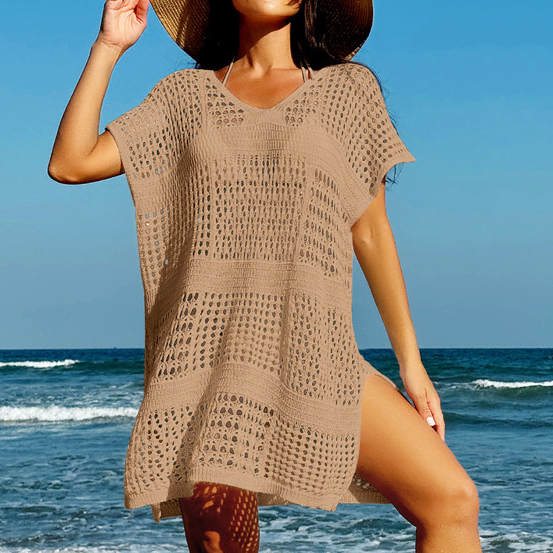 Vacation Sexy Cutout V-neck Loose Pullover Women Beach Sun Protection Blouse Beach Overskirt Crochet hook Bella Mia