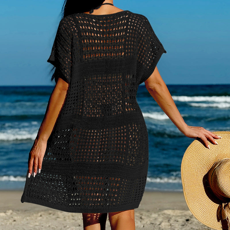 Vacation Sexy Cutout V-neck Loose Pullover Women Beach Sun Protection Blouse Beach Overskirt Crochet hook Bella Mia