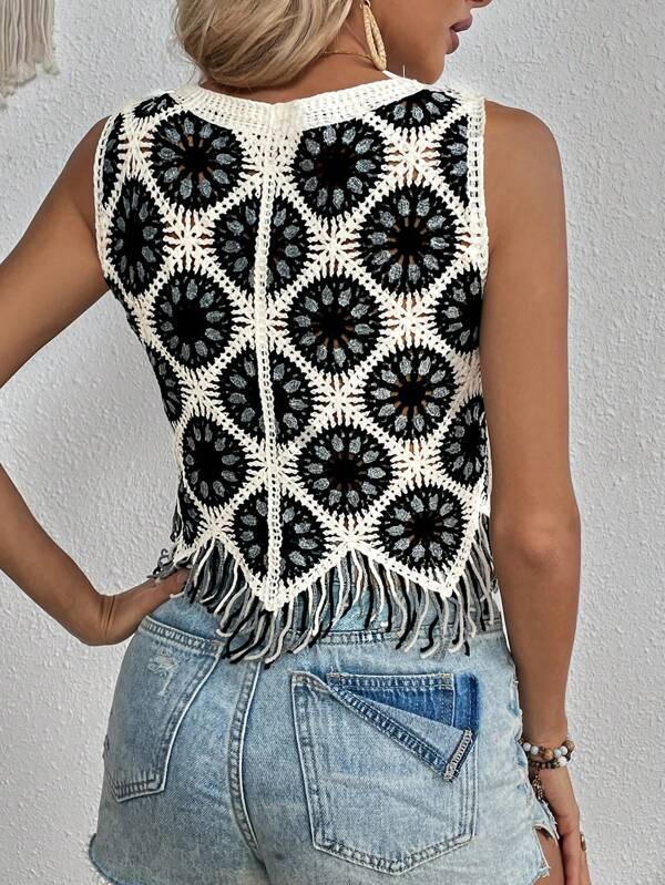 Women New Spring and Autumn Crocheted Hollow Tassel Short Vest Top Crochet hook Bella Mia