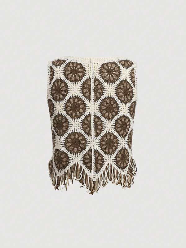 Women New Spring and Autumn Crocheted Hollow Tassel Short Vest Top Crochet hook Bella Mia