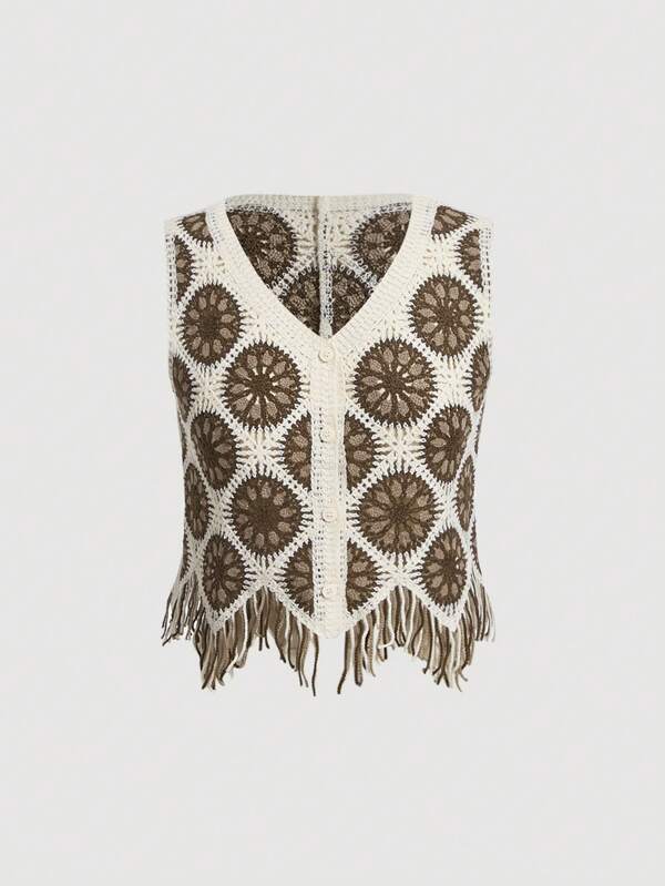 Women New Spring and Autumn Crocheted Hollow Tassel Short Vest Top Crochet hook Bella Mia