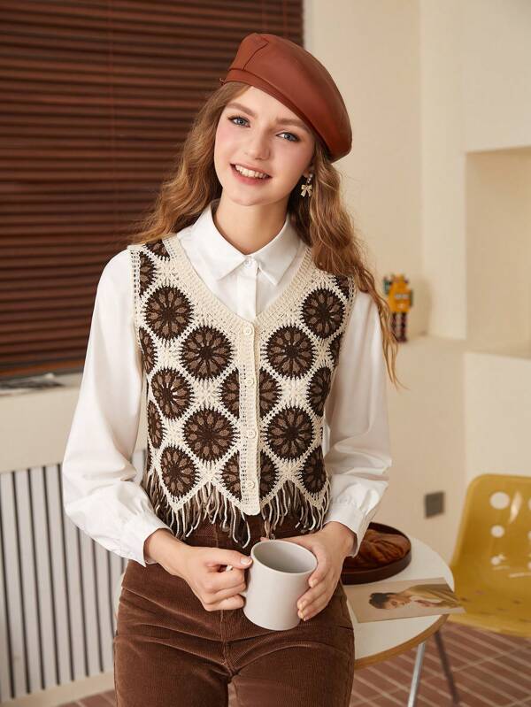 Women New Spring and Autumn Crocheted Hollow Tassel Short Vest Top Crochet hook Bella Mia