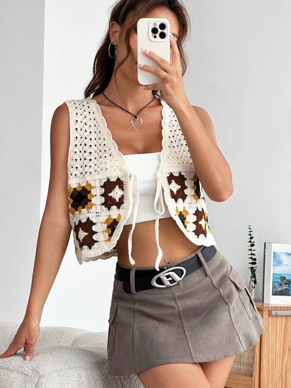 Women New Spring and Autumn Crocheted Hollow Placket Lace Top Jacket Crochet hook Bella Mia