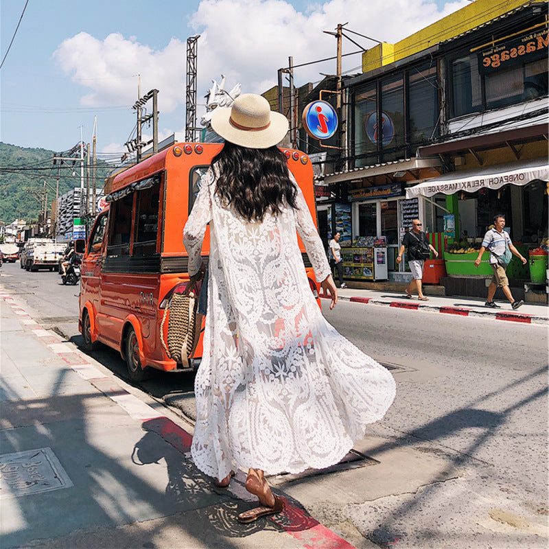 Mesh Swimsuit See through Long Outer Match Sun Protection Clothing Lace Embroidered Cardigan Beach Bikini Beach Jacket Women Bella Mia