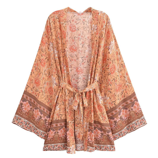 Rayon Printed Cardigan Loose Sleeves Short Lace Up Kimono Bella Mia
