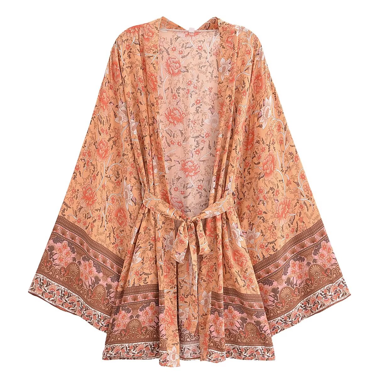 Rayon Printed Cardigan Loose Sleeves Short Lace Up Kimono Bella Mia