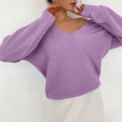 V-Neck Dropped Shoulder Long Sleeve Sweater.