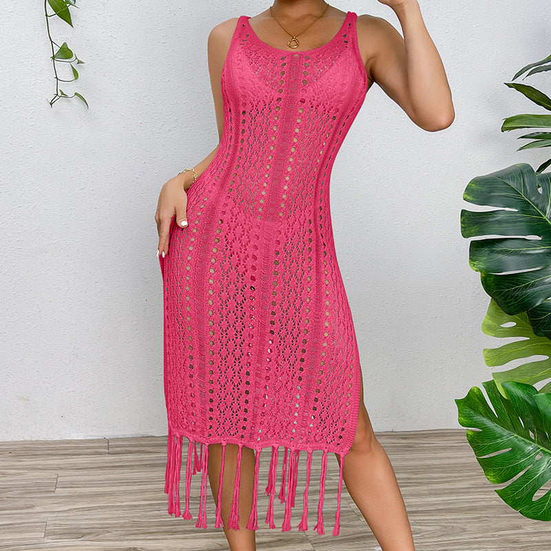 Vacation Sexy Solid Color Spaghetti Straps Knitted High Slit Hollow Out Cutout Tassel Dress Beach Sun Protection Blouse Crochet hook Bella Mia