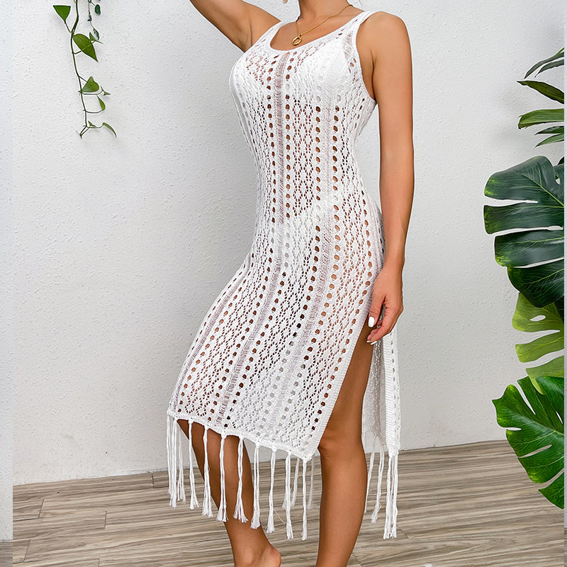 Vacation Sexy Solid Color Spaghetti Straps Knitted High Slit Hollow Out Cutout Tassel Dress Beach Sun Protection Blouse Crochet hook Bella Mia