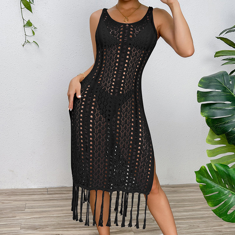 Vacation Sexy Solid Color Spaghetti Straps Knitted High Slit Hollow Out Cutout Tassel Dress Beach Sun Protection Blouse Crochet hook Bella Mia
