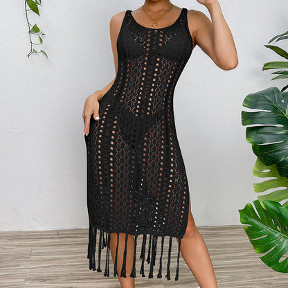 Vacation Sexy Solid Color Spaghetti Straps Knitted High Slit Hollow Out Cutout Tassel Dress Beach Sun Protection Blouse Crochet hook