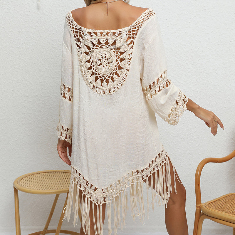 Holiday Crochet Solid Color Stitching Long Sleeve Beach Tassel Sun-Proof Sexy Cutout See through Smock Dress Bella Mia