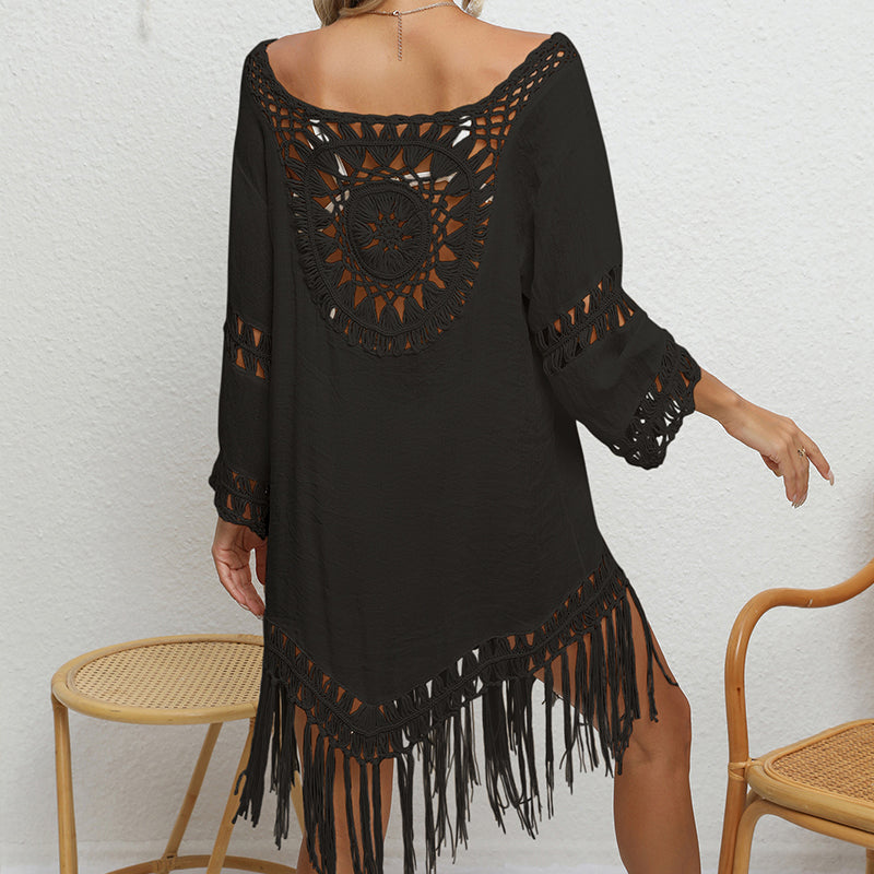 Holiday Crochet Solid Color Stitching Long Sleeve Beach Tassel Sun-Proof Sexy Cutout See through Smock Dress Bella Mia