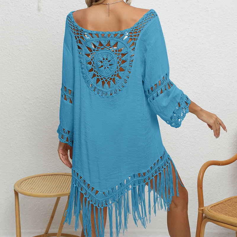 Holiday Crochet Solid Color Stitching Long Sleeve Beach Tassel Sun-Proof Sexy Cutout See through Smock Dress Bella Mia