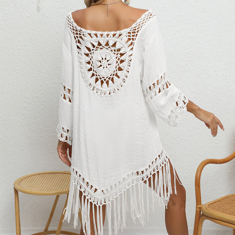 Holiday Crochet Solid Color Stitching Long Sleeve Beach Tassel Sun-Proof Sexy Cutout See through Smock Dress Bella Mia