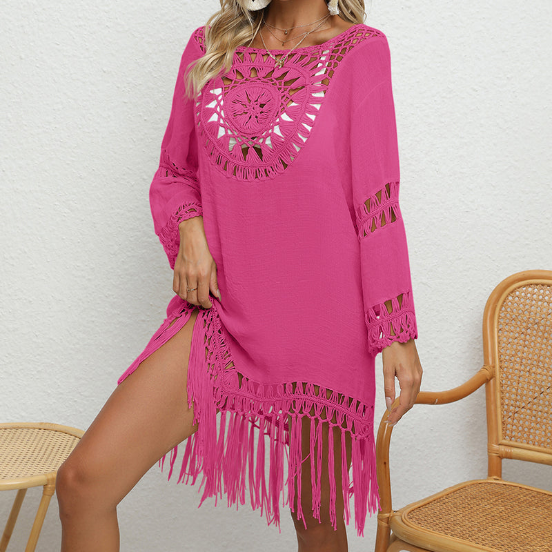 Holiday Crochet Solid Color Stitching Long Sleeve Beach Tassel Sun-Proof Sexy Cutout See through Smock Dress Bella Mia
