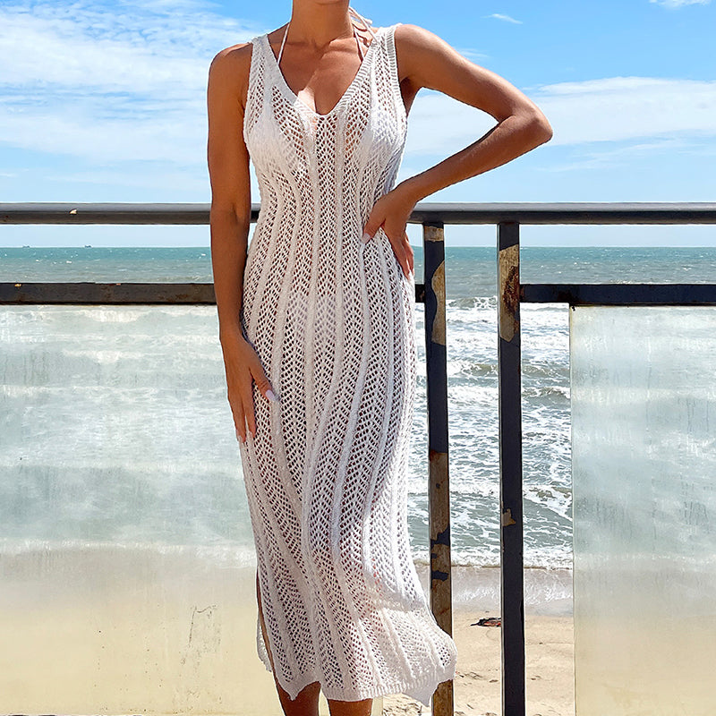 Women Clothing Travel Vacation Sexy V-neck Solid Color Breathable Long Dress Beach Sun Shield Crochet hook Bella Mia