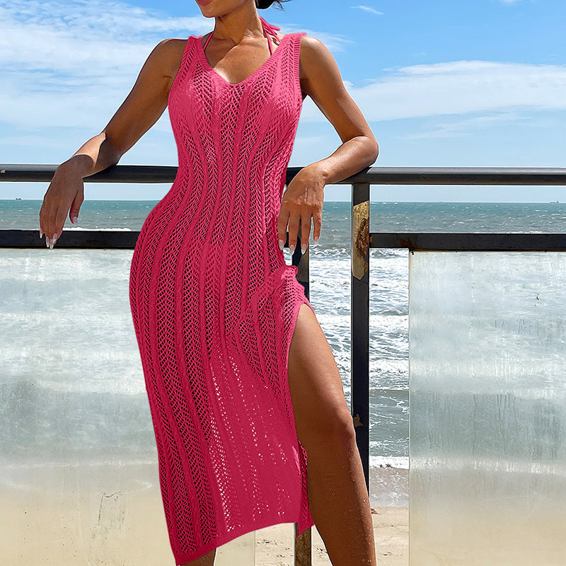 Women Clothing Travel Vacation Sexy V-neck Solid Color Breathable Long Dress Beach Sun Shield Crochet hook Bella Mia