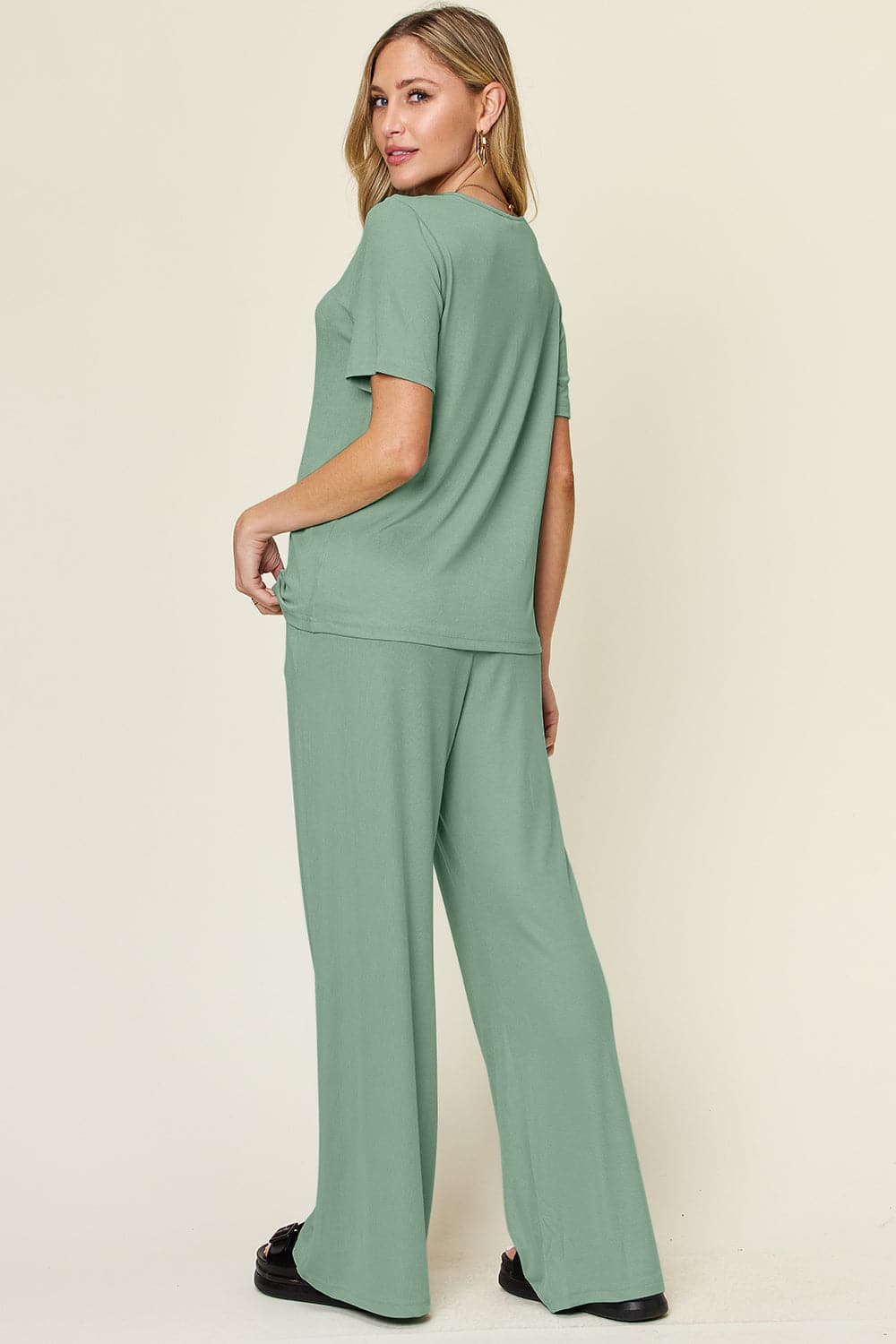 Double Take Full Size Round Neck Short Sleeve T-Shirt and Wide Leg Pants Set.