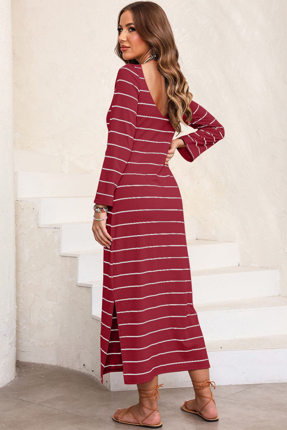 Slit Striped Round Neck Midi Dress.