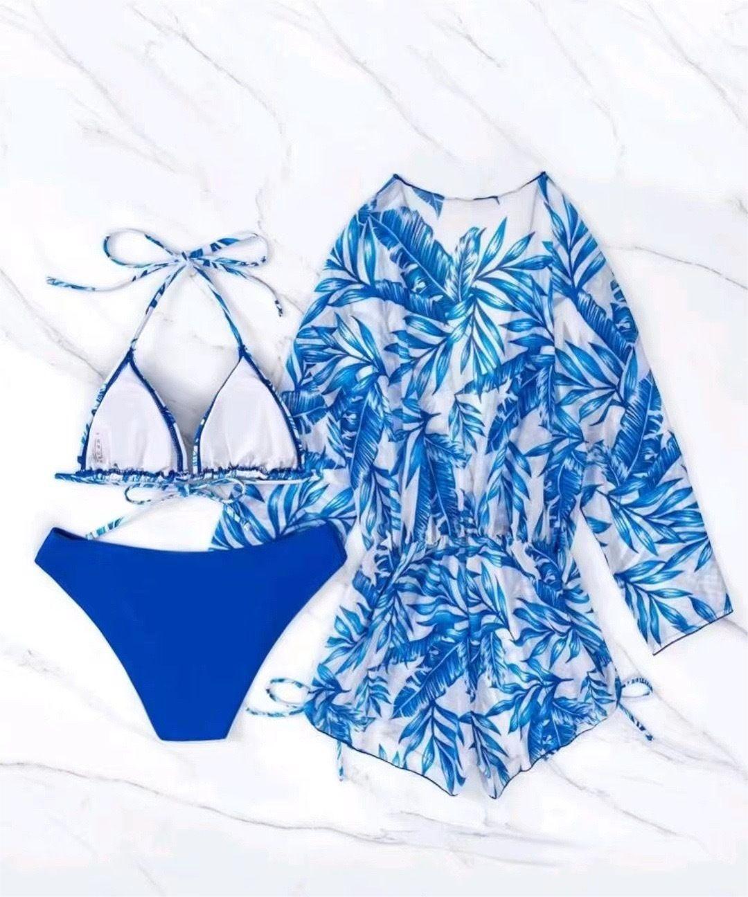 Three Piece Bikini Leaves Printed Waist-Controlled Lace Up Long Sleeve Beach Anti Swimsuit Bella Mia