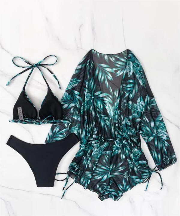 Three Piece Bikini Leaves Printed Waist-Controlled Lace Up Long Sleeve Beach Anti Swimsuit Bella Mia