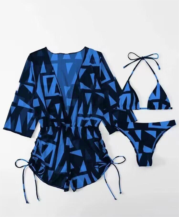 Three Piece Bikini Leaves Printed Waist-Controlled Lace Up Long Sleeve Beach Anti Swimsuit Bella Mia