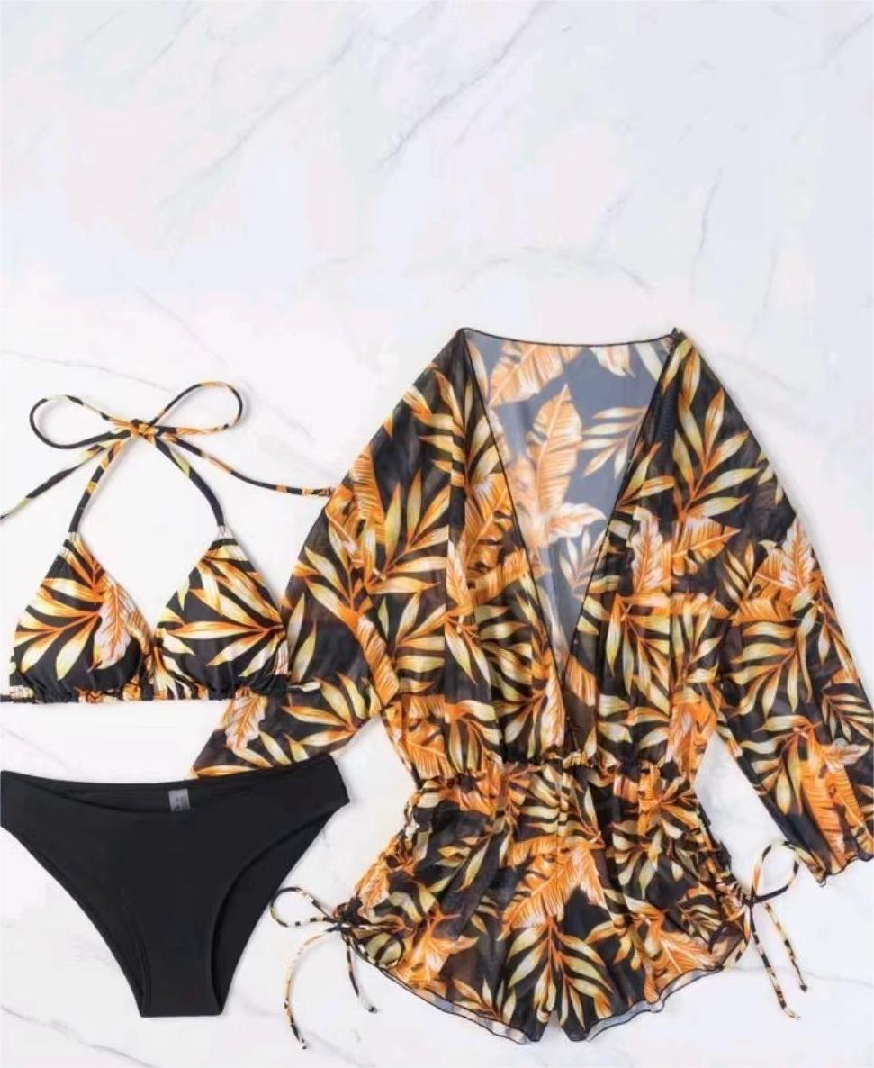Three Piece Bikini Leaves Printed Waist-Controlled Lace Up Long Sleeve Beach Anti Swimsuit Bella Mia