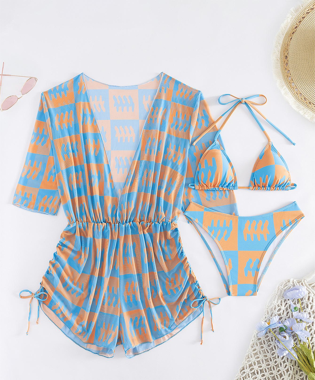 Three Piece Bikini Leaves Printed Waist-Controlled Lace Up Long Sleeve Beach Anti Swimsuit Bella Mia