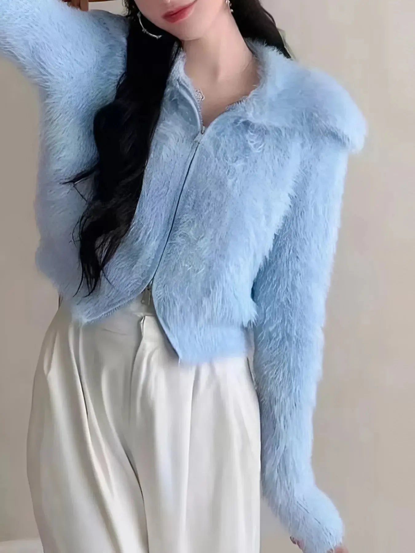Fluffy Knit Zip-Up Outerwear Simply Love