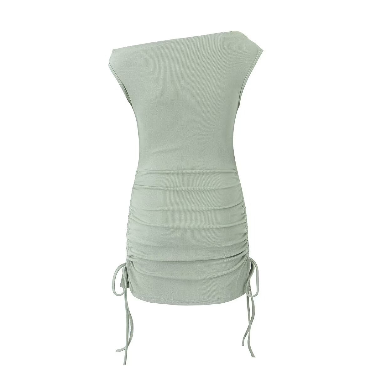 Summer Shoulder Asymmetric Sleeves Side Drawstring Bag Hip Dress Short Dress Bella Mia