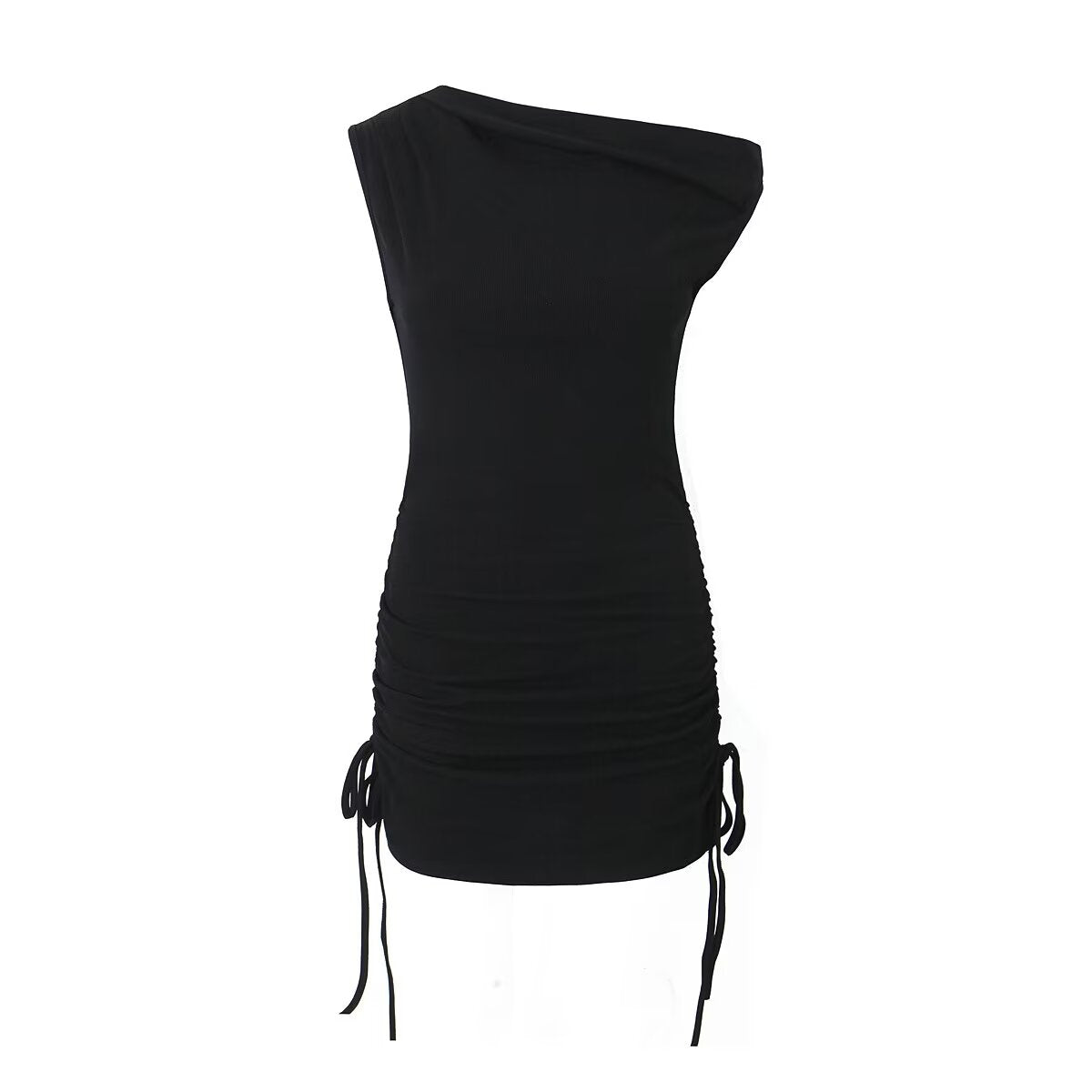 Summer Shoulder Asymmetric Sleeves Side Drawstring Bag Hip Dress Short Dress Bella Mia