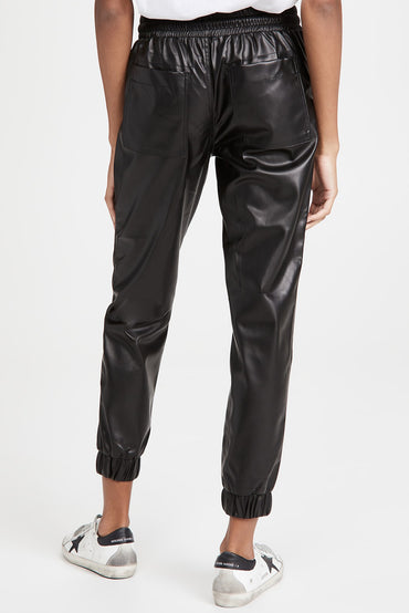 Chic black faux leather joggers with smocked waist and drawstring detail