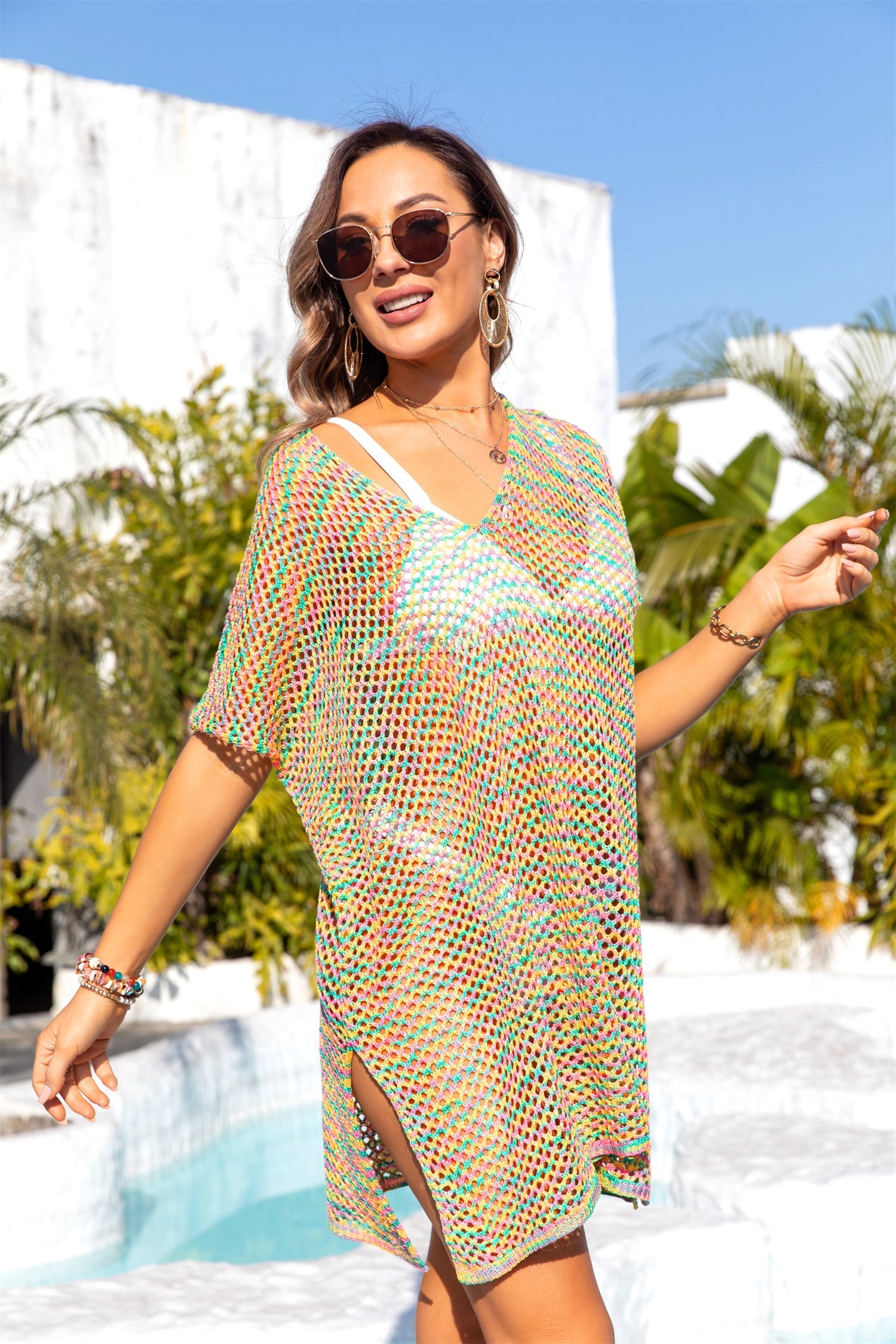 Women Clothing Summer Beach Cover Up Rainbow Hollow Out Cutout Knitting Bikini Sun Protection Shirt Women Bella Mia