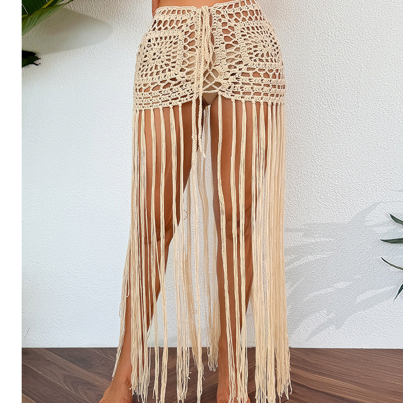 Vacation Sun Protection Hand Crocheting Lace up Beach Overskirt Hand Crocheting Hollow Out Cutout Long Fringe Skirt Crochet hook Bella Mia
