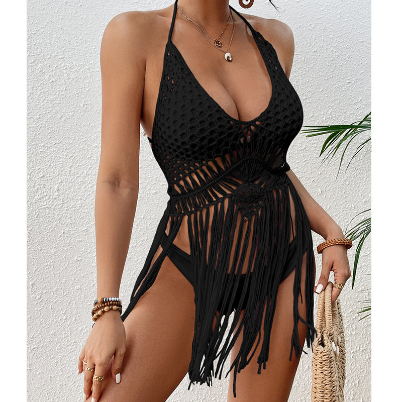 Arrival Beach Vacation Sexy Hand Crocheting Woven Lace up Cutout Long Fringe Beach Cover Up Short Top Crochet hook Bella Mia