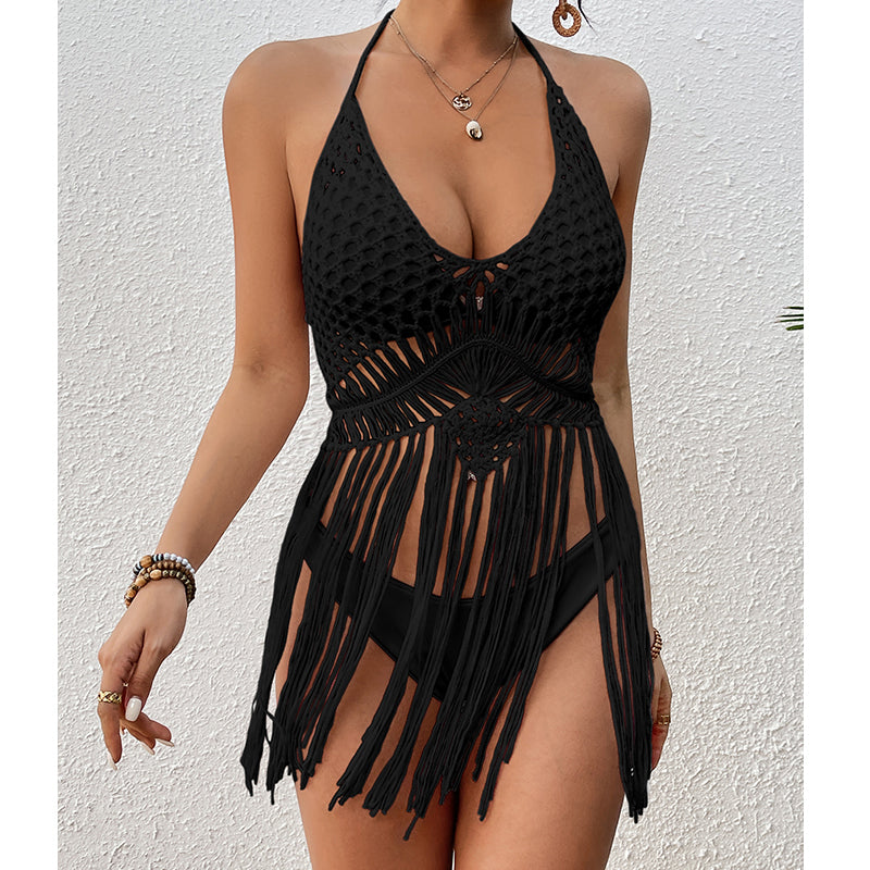 Arrival Beach Vacation Sexy Hand Crocheting Woven Lace up Cutout Long Fringe Beach Cover Up Short Top Crochet hook Bella Mia