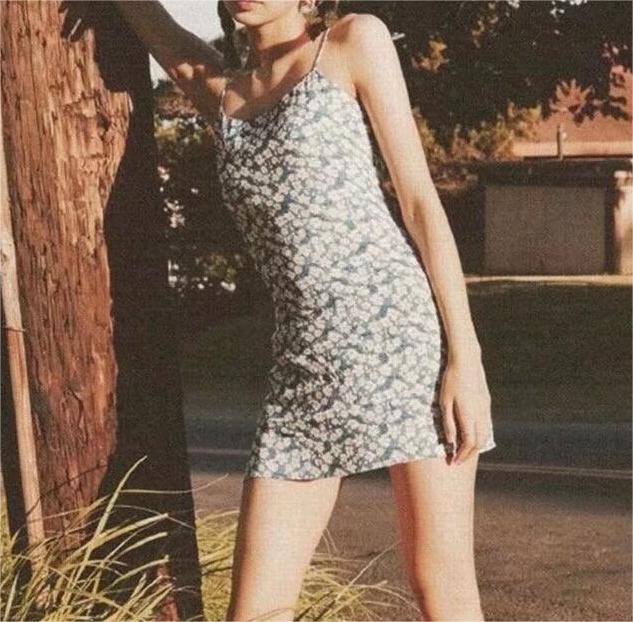 Fresh Dress Spring Summer Retro Blue Floral Slim Fitting Slip Dress Bella Mia