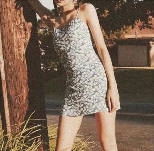 Fresh Dress Spring Summer Retro Blue Floral Slim Fitting Slip Dress Bella Mia