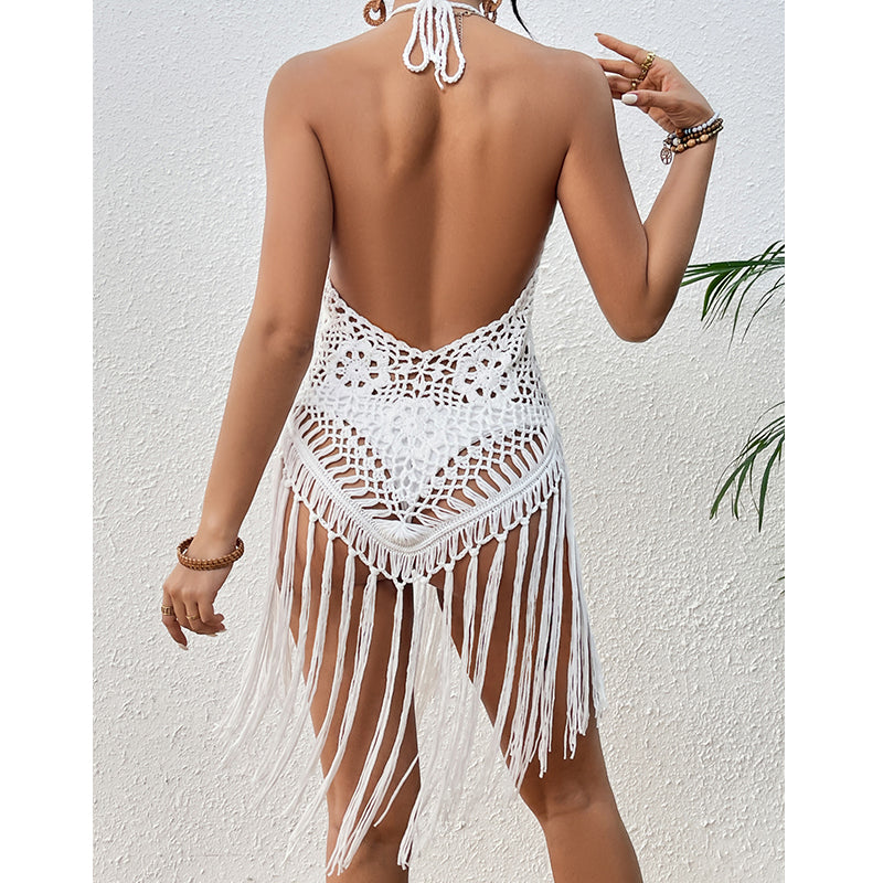Beach Vacation Sexy Big Backless Hand Crocheting Lace Up Cutout Tassel Bikini Short Top Crochet hook Bella Mia